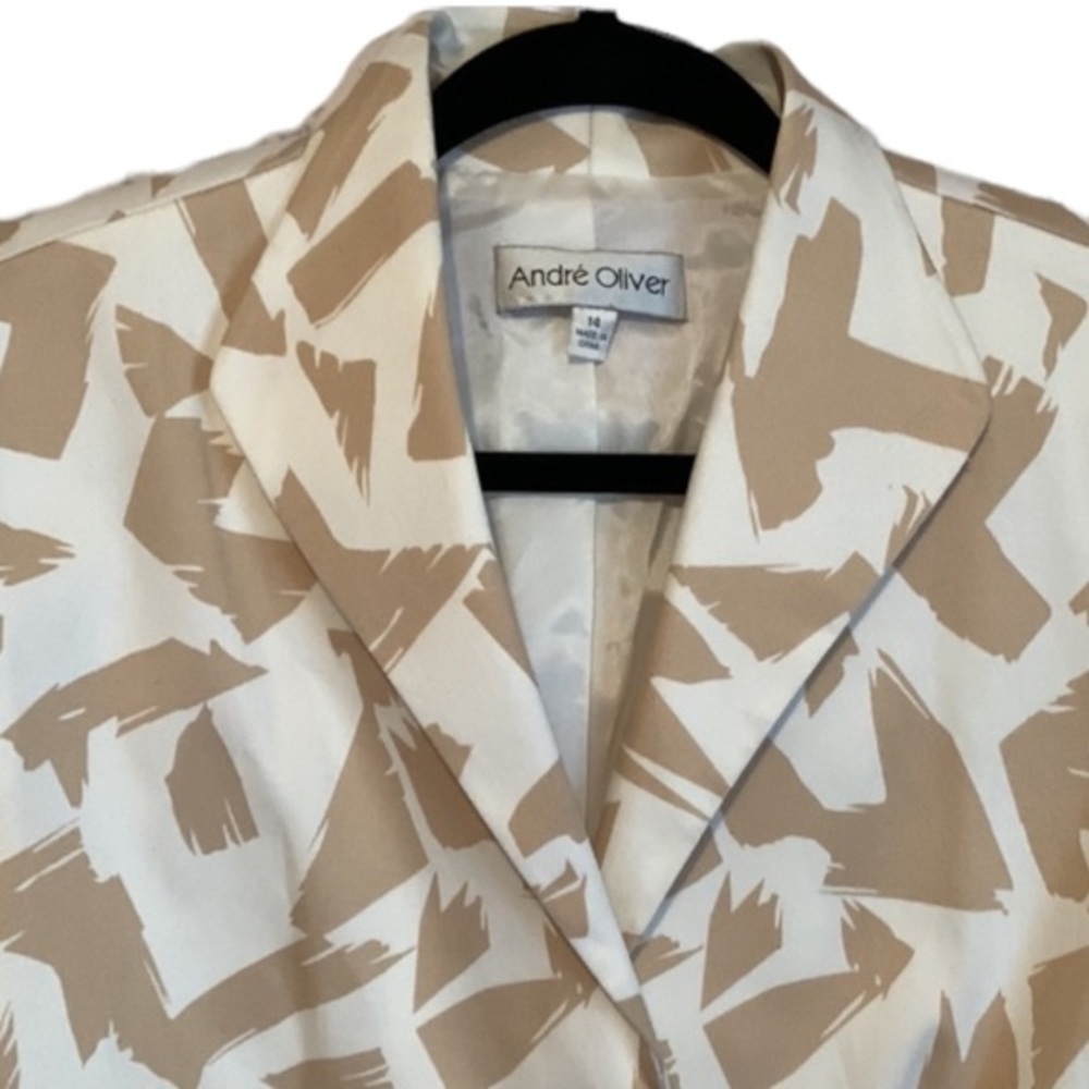 Andre Oliver Blazer Notched Collar Single Button Tan and Cream Print Ladies 14 - Picture 2 of 10
